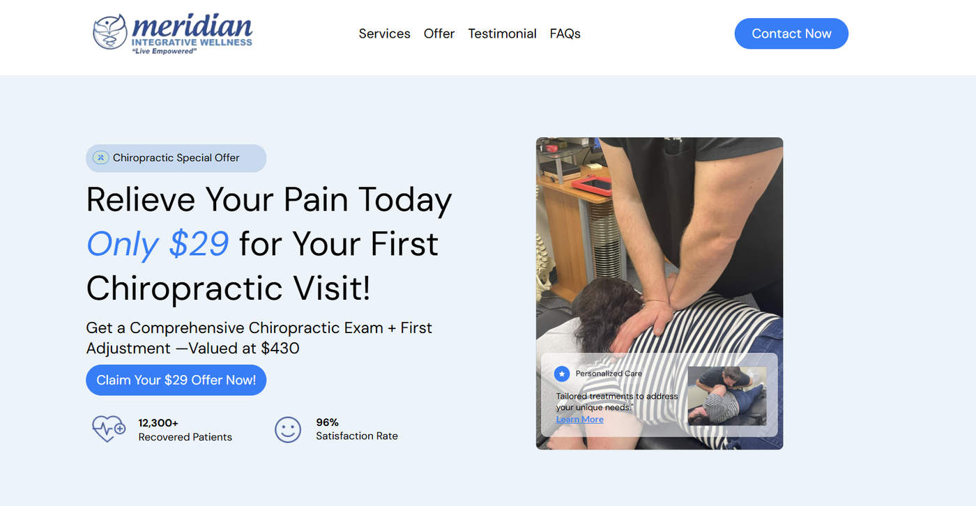 Meridian Integrative Wellness chiropractic offer GHL funnel