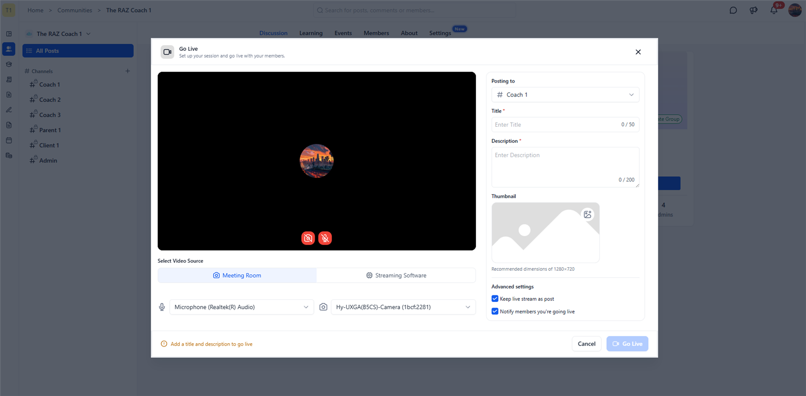 Go live streaming setup inside GHL membership portal